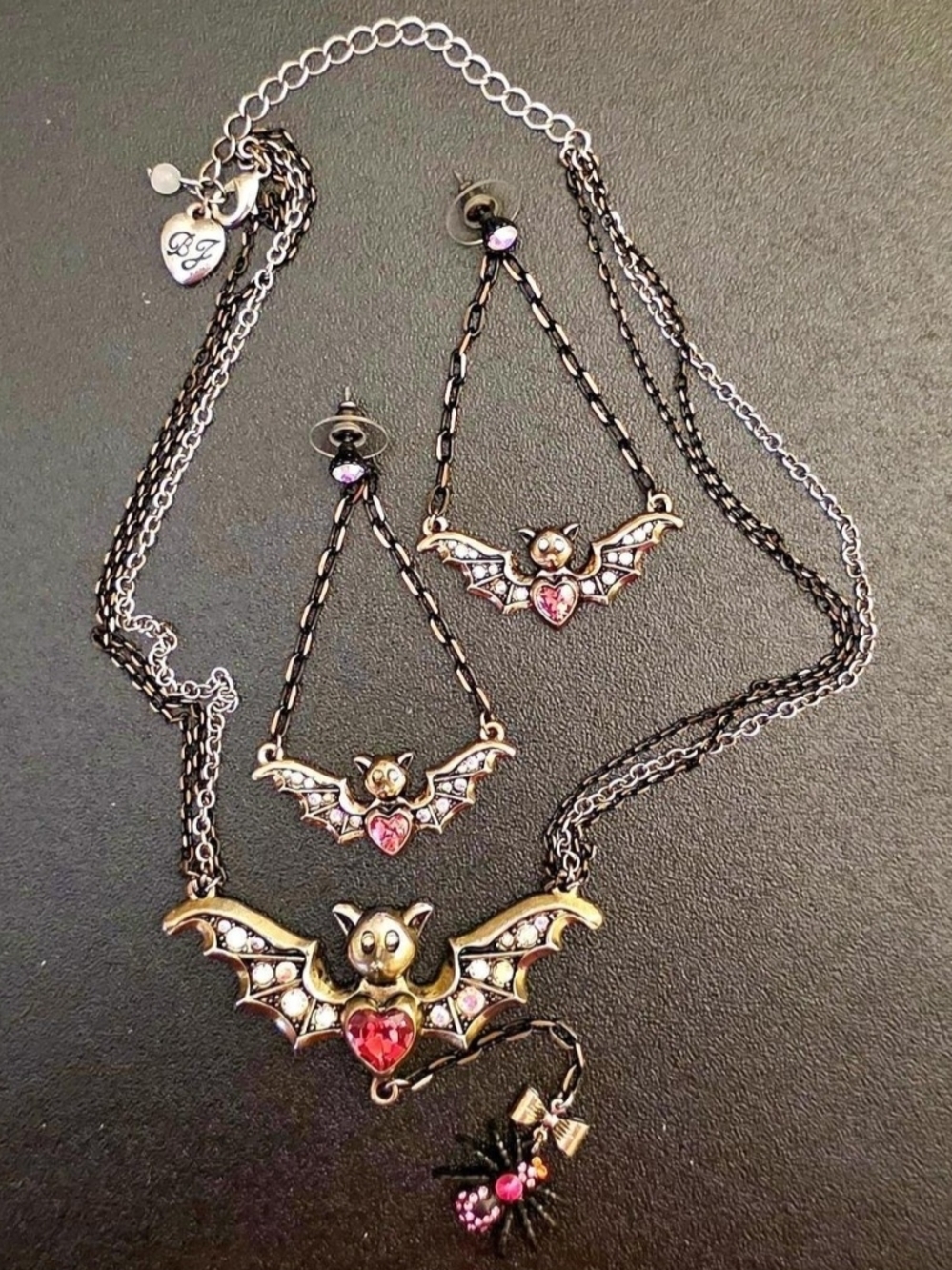 Vintage Betsey Johnson Creepy Critters Bat & Spider Necklace & Earrings Rare